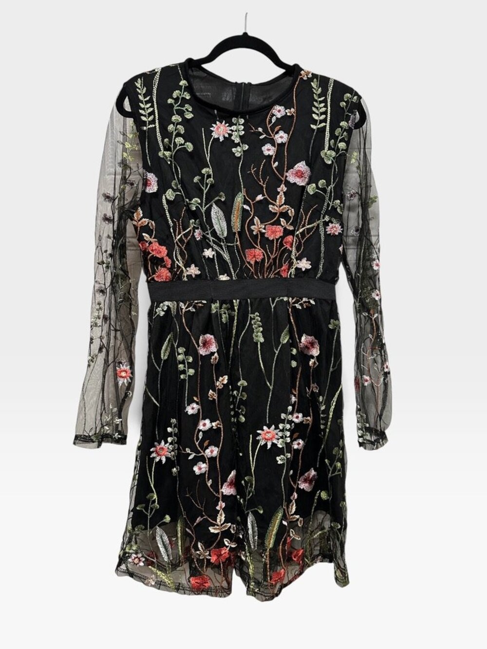 Whimsigoth Black Floral Embroidered Sheer Tulle Mesh Overlay Dress Size S